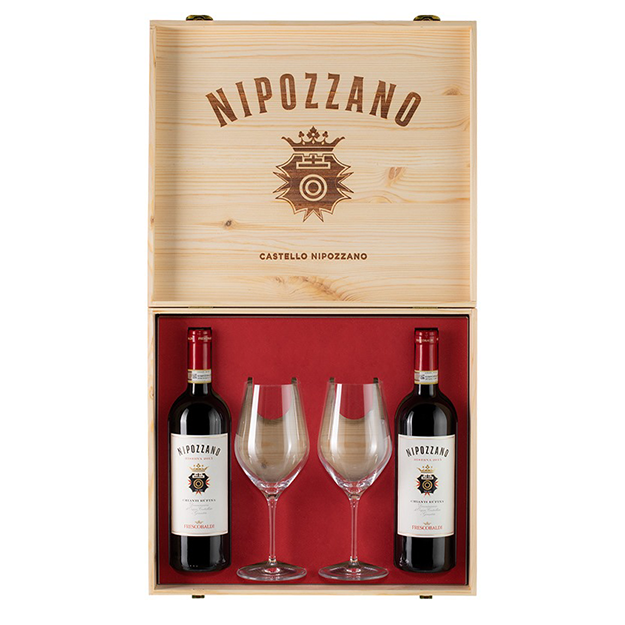 სურათი Nipozzano Wooden Box 2x75cl + 2 Glasses